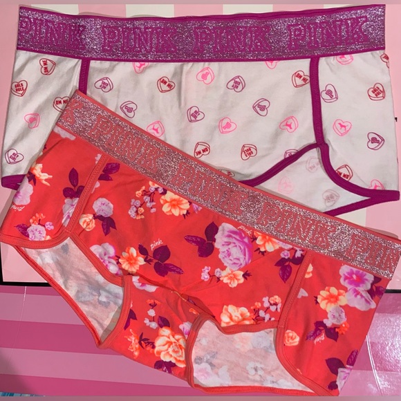 2 Victoria’s Secret PINK Boyshort bundle cotton Pink panties sparkle floral - Picture 1 of 4